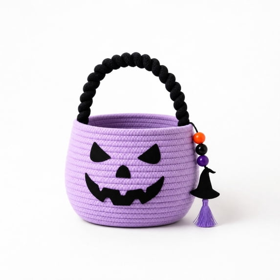 Halloween Baskets for Kids, Pumpkin Trick or Treat Buckets Cotton Rope Halloween Baskets with Handle,Cute Jack O Lantern Tote Bag for Halloween Party Decor,Purple