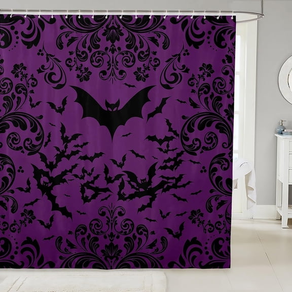 Halloween Bat 72" Wx72 L Shower Curtain for Girls Women,Purple Black Bats Bathroom Accessories Gothic Damask Flowers Bathroom Curtain Goth Floral Animal Halloween Decor for Shower