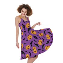 Halloween Bat And Pumpkin Pattern Print Sleeveless Knee Length Dress, Halloween Decorative Fashion Summer Maxi Dress For Women