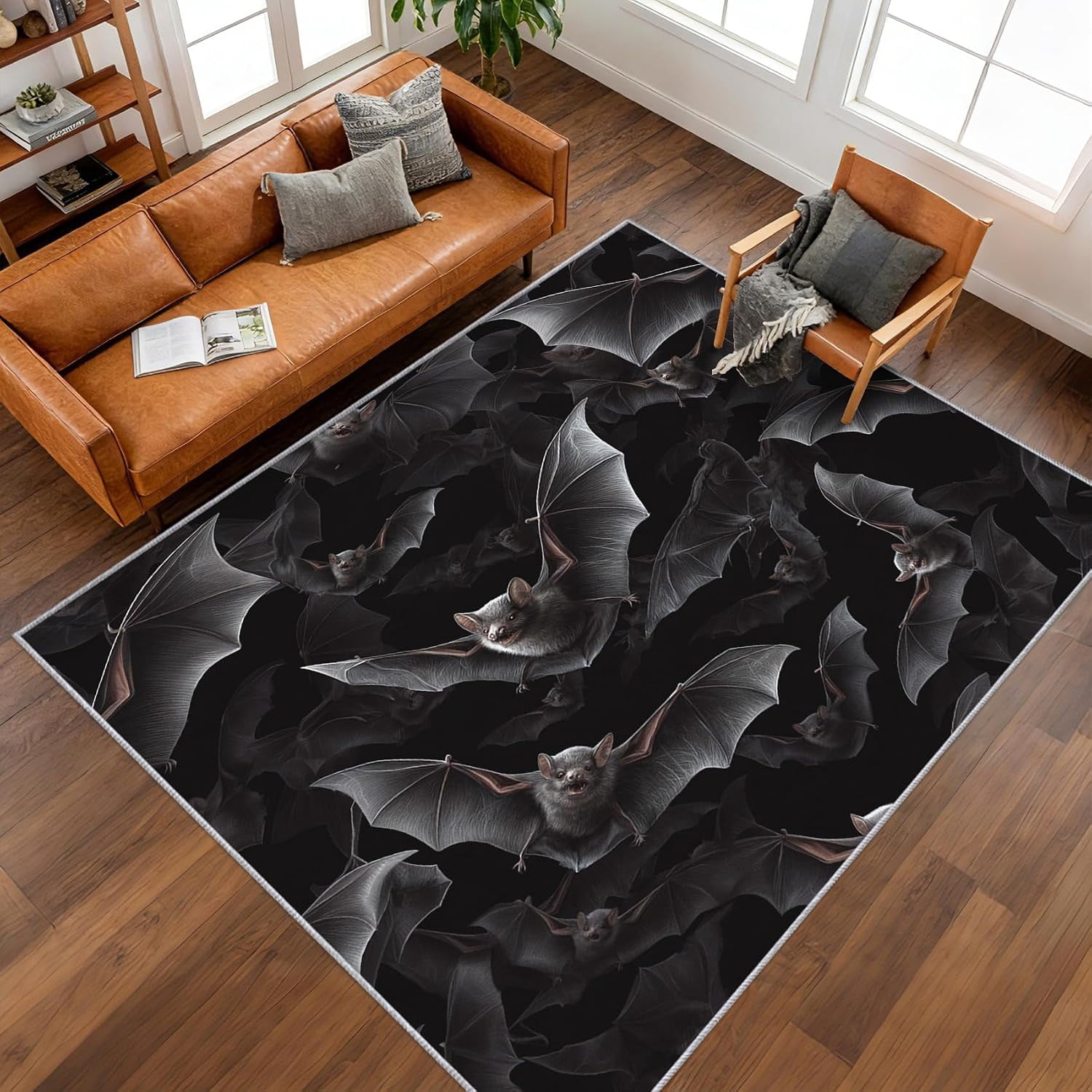 Halloween Bat Area Rugs, Black Gothic Animal Pattern Carpet, Washable ...