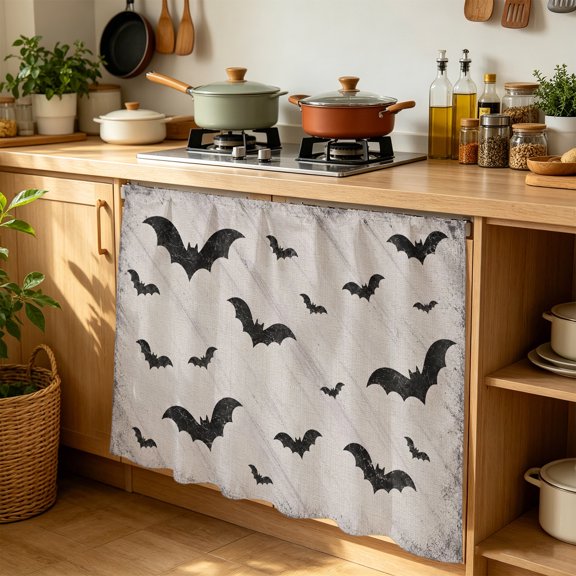Halloween Bat Cabinet Curtains 35"W x 35"L, Dark Black Flying Bats Silhouette Gray Ash Background Under-Desk Privacy Dust Proof Drape Dishwasher Curtain Sink Skirt for Kitchen Closet Bathroom Laundry