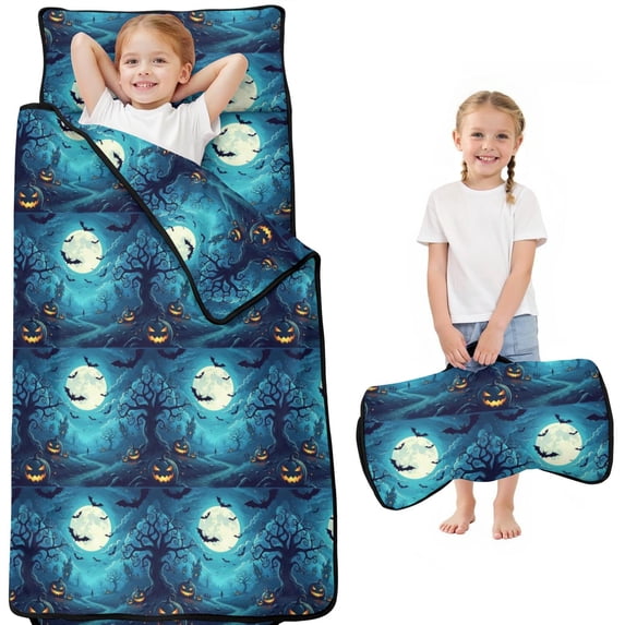 Halloween Bat Castle Blue Pattern Kids Nap Mat, All-in-One Nap Pad with ...