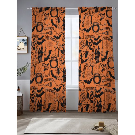 Halloween Bat Castle Orange Black Chiffon Sheer Curtains 84 Inches Long Pumpkin Ghost Rod Pocket Window Curtains Voile Drapes Curtains for Living Room Bedroom,2 Panels