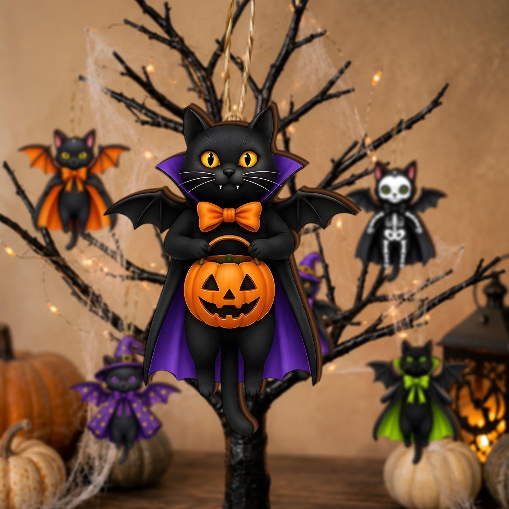 Halloween Bat Cat Collection Ornament, Pumpkin Bow Cat, Acrylic, 4 Inch ...