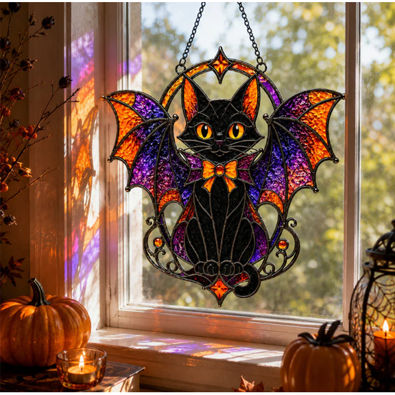 Halloween Bat Cat Stained Glass Suncatcher – Gothic Window Hanging Decor,Acrylic Suncatcher Ornament for Festive Home Living Room Accent