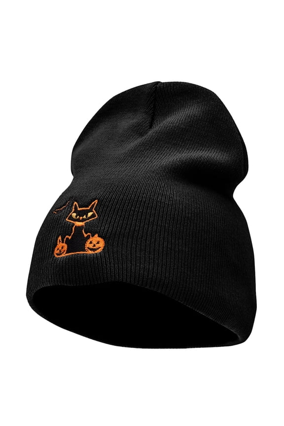 Halloween Bat, Cat and Pumpkin Embroidered Short Beanie - Black OSFM