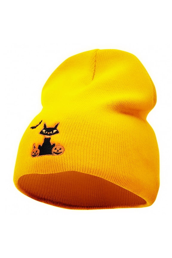 Halloween Bat, Cat and Pumpkin Embroidered Short Beanie - Gold OSFM