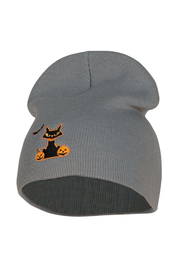 Halloween Bat, Cat and Pumpkin Embroidered Short Beanie - Grey OSFM