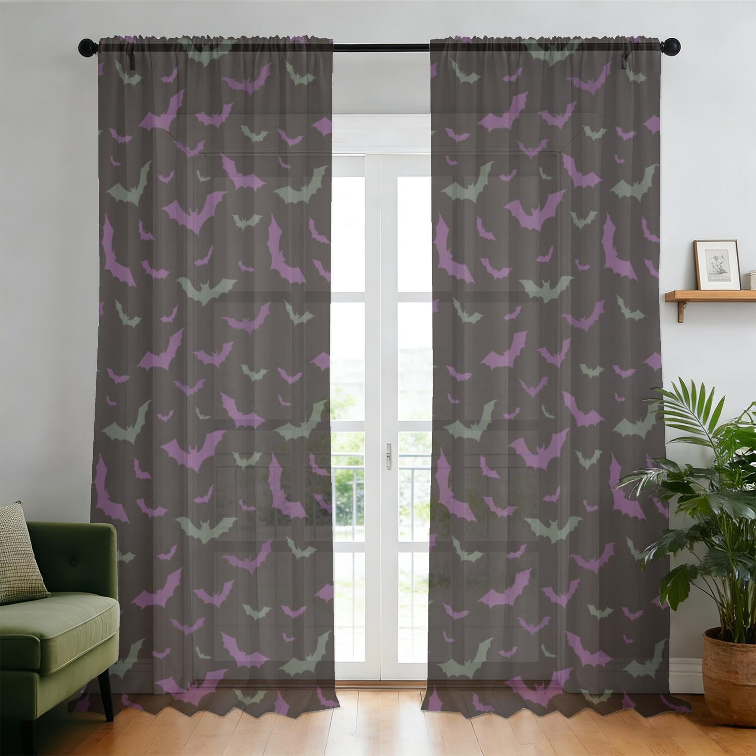 Halloween Bat Cloud Pattern Sheer Curtains, Voile Drapes with Dual Rod ...