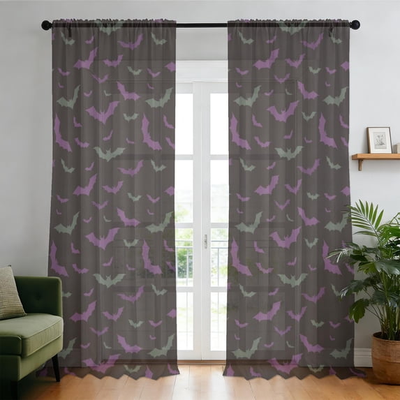 Halloween Bat Cloud Pattern Sheer Curtains, Voile Drapes with Dual Rod ...