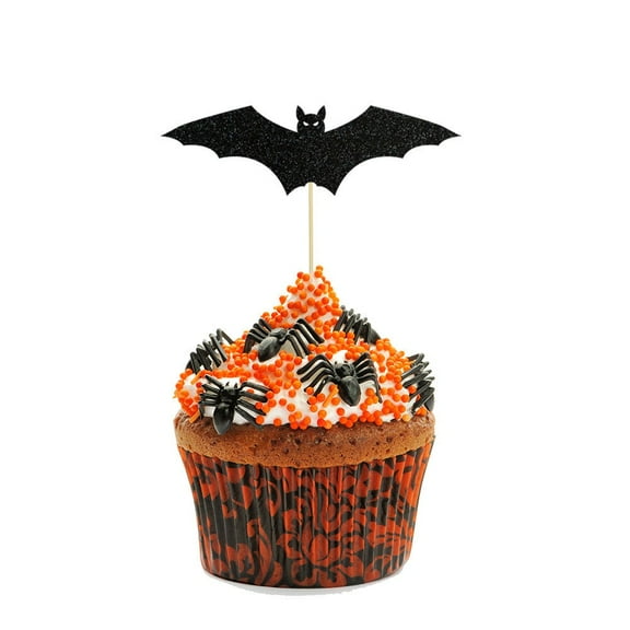Halloween Bat Cupcake Toppers, 12Pcs Halloween Baking Birthday Cake Decorations, Black Glitter Bat Halloween Cupcake Decorations for Halloween Theme Baby Shower Kids Birthday Party Supplies