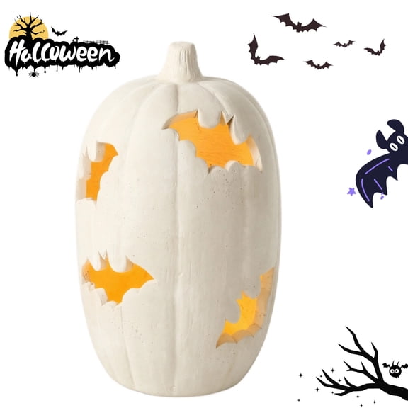 Halloween Bat Cutout Pumpkin, Terracotta-Effect LED Light Up Resin Pumpkin Lantern with Hollow Bat Design, Rustic Decorative Pumpkin for Indoor Outdoor Tabletop Mantel Decor