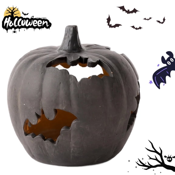 Halloween Bat Cutout Pumpkin, Terracotta-Effect LED Light Up Resin Pumpkin Lantern with Hollow Bat Design, Rustic Decorative Pumpkin for Indoor Outdoor Tabletop Mantel Decor