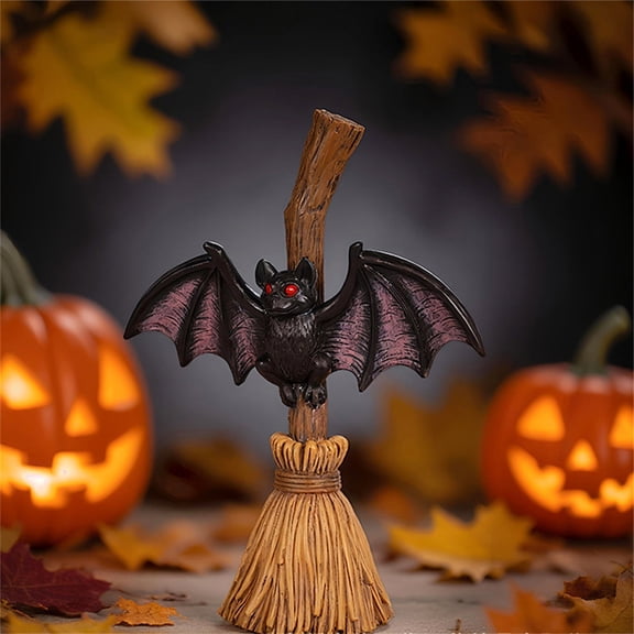 Halloween Bat Decoration, Witch Broomstick Statue, Outdoor Yard Decor, Spooky Black Flying Vampire Figurine for Front Lawn Garden Patio Pathway, Festive Seasonal Holiday Atmosphere Display