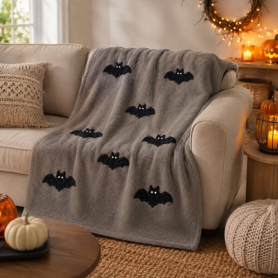 Halloween Bat Flannel Throw Blanket, Soft Plush Cozy Blanket with Black Bat Pattern, Seasonal Holiday Decorative Blanket for Sofa Couch Bed
