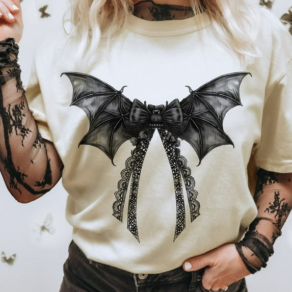 Halloween Bat Gothic Coquette bow T-shirt, retro halloween Shirt, trending Shirt, Gothic Shirt, black bow Shirt TH140610