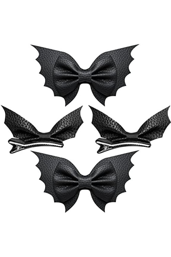 Halloween Bat Hair Bow Clips 4 count Black PU Leather  Barrettes for Girls Women Goth  Costume Dress Decoration Accessories Party Favor