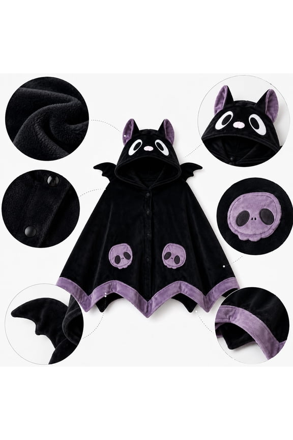 Halloween Bat Hooded Shawl Blanket, Cute Coral Fleece Wearable Throw Blanket with Skull Embroidery, Warm Cozy Cape for Home Office Halloween Cosplay Gift for Women Girls