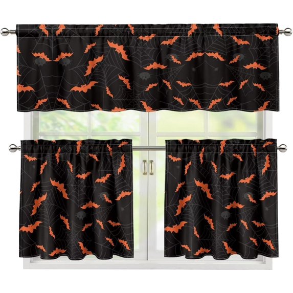 Halloween Bat Kitchen Curtains and Valances 3 Piece Set,Valance Curtains for Kitchen Windows Halloween Kitchen Curtains Tiers and Valances for Cafe Living Room Window Decoration