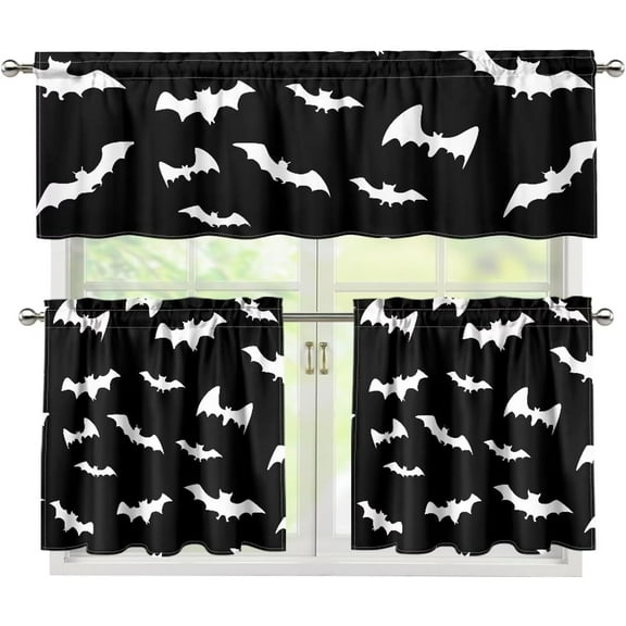 Halloween Bat Kitchen Curtains and Valances 3 Piece Set,Valance Curtains for Kitchen Windows Halloween Kitchen Curtains Tiers and Valances for Cafe Living Room Window Decoration