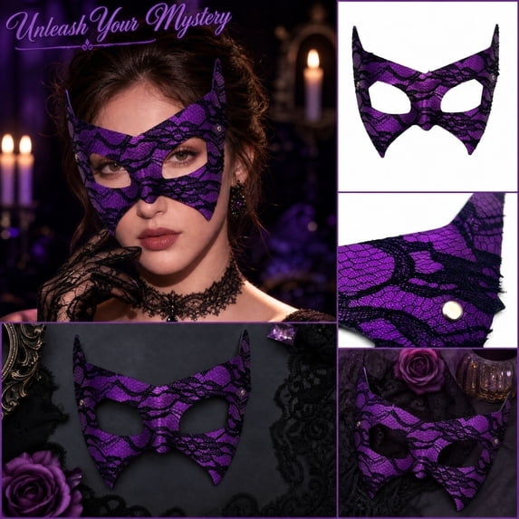 Halloween Bat Masquerade Mask for Women Snakeskin Lace Half Face Eye Mask Mysterious Venetian Shimmer Party Mask for Mardi Gras Prom Costume Cosplay One Size