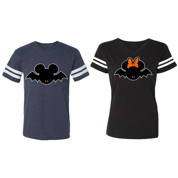 Halloween Bat Matching Couple Cotton Jerseys (Men Navy / Women Black) (Men XXL / Women S)