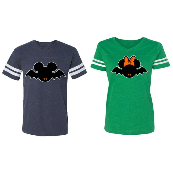 Halloween Bat Matching Couple Cotton Jerseys (Men Navy / Women Green) (Men L / Women M)