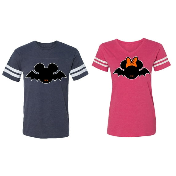 Halloween Bat Matching Couple Cotton Jerseys (Men Navy / Women Pink) (Men XXL / Women XL)