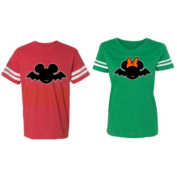 Halloween Bat Matching Couple Cotton Jerseys (Men Red / Women Green) (Men XXXL / Women XXL)