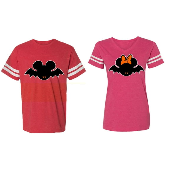 Halloween Bat Matching Couple Cotton Jerseys (Men Red / Women Pink) (Men S / Women L)