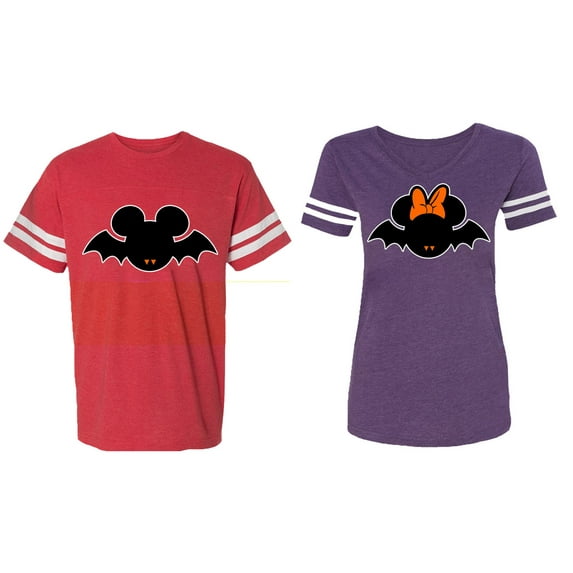Halloween Bat Matching Couple Cotton Jerseys (Men Red / Women Purple) (Men L / Women S)