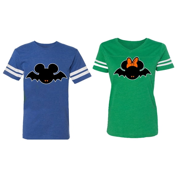 Halloween Bat Matching Couple Cotton Jerseys (Men Royal / Women Green) (Men S / Women M)