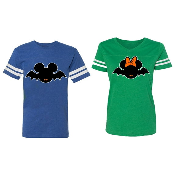 Halloween Bat Matching Couple Cotton Jerseys (Men Royal / Women Green) (Men XXL / Women XXL)