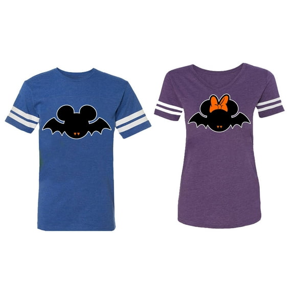 Halloween Bat Matching Couple Cotton Jerseys (Men Royal / Women Purple) (Men M / Women XXL)