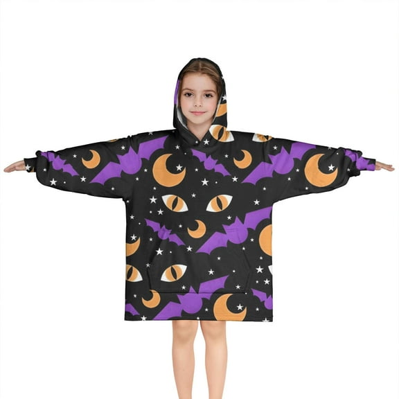Halloween Bat Moon Eye Pattern Blanket Hoodies for Kids 6-13YR Oversize Wearable Blanket Hoodies for Boys Girls Teens