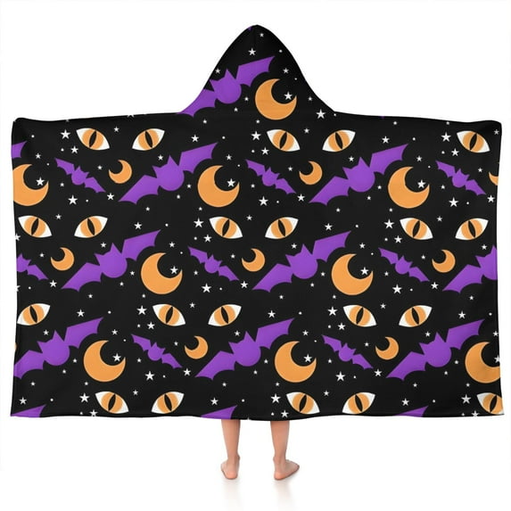 Halloween Bat Moon Eye Pattern Hooded Bath Towel,50"x30" for Ages 3 To 12 Kids, Quick Dry Lightweight Soft Microfiber Hood Beach Towel Cover Up for Kids