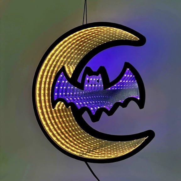 Halloween Bat & Moon LED Tunnel Mirror Light, USB Powered Infinite Reflection Wall Hanging Decor with Layered Optical Effect, Spooky Illuminated Accent for Party, Bedroom, Living Room