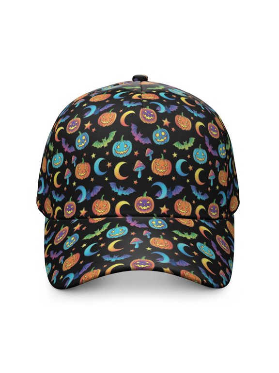 Halloween Bat Mushroom Black Pattern Baseball Cap, Outdoor Travel Cap with Snap Closure & Sweatband, Breathable Eyelets Gifts for Sports Outdoor Travel