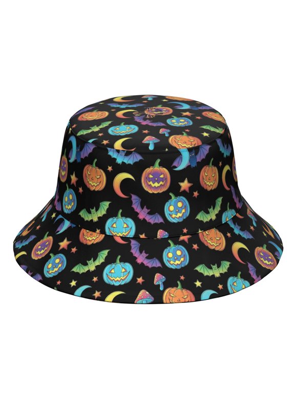 Halloween Bat Mushroom Black Pattern Bucket Hat, Travel Foldable Hat with Wide Brim & Breathable Fabric, Lightweight Breathable Gifts for Hiking Camping Fishing Beach