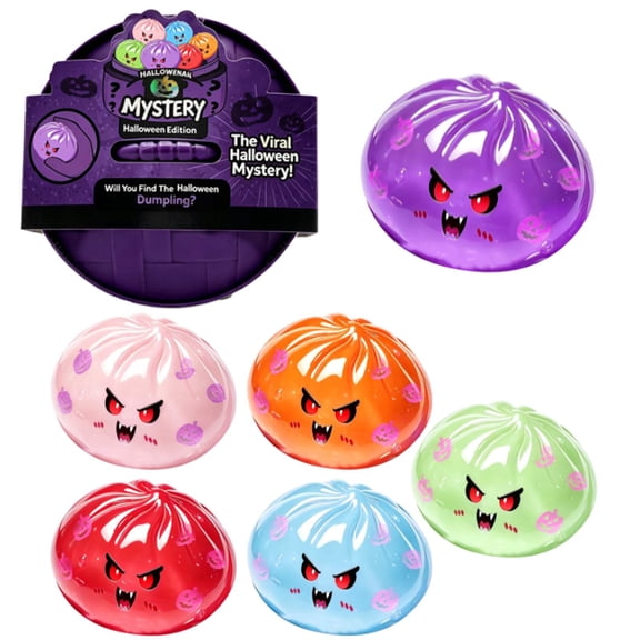 Halloween Bat Mystery Dumpling Squishy Blind Box,Spooky Fanged Red-Eye Slow Rising Sensory Fidget Toy,with Purple Steamer Display Base for Holiday Party Favors