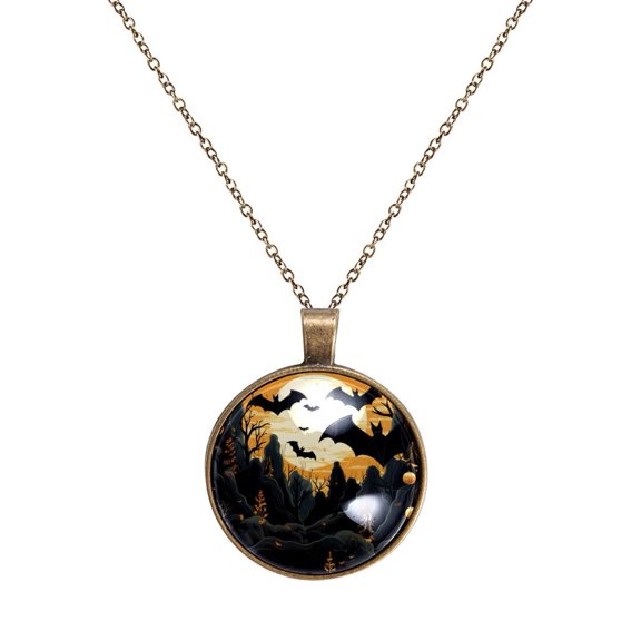 Halloween Bat Necklace Personalized Custom Photo Round Pendant Adjustable Stainless Steel Necklaces with Gift Box for Men Women Mothers Valentine's Jewelry Gift