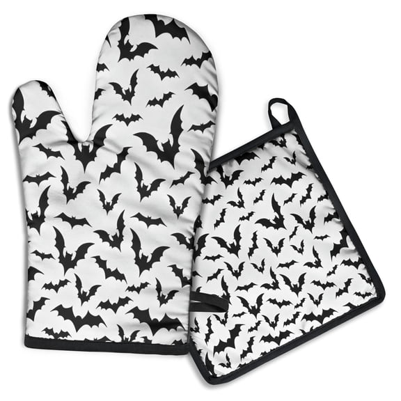 Halloween Bat Pattern Kitchen Oven Mitt and Pot Holder Sets 2 Pcs for Baking, Cooking and Grilling, Heat Resistant Up To 392 °F