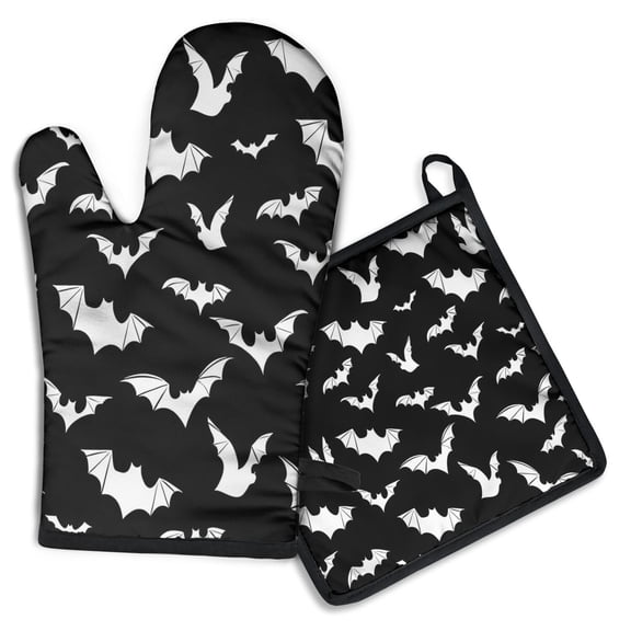 Halloween Bat Pattern Kitchen Oven Mitt and Pot Holder Sets 2 Pcs for Baking, Cooking and Grilling, Heat Resistant Up To 392 °F