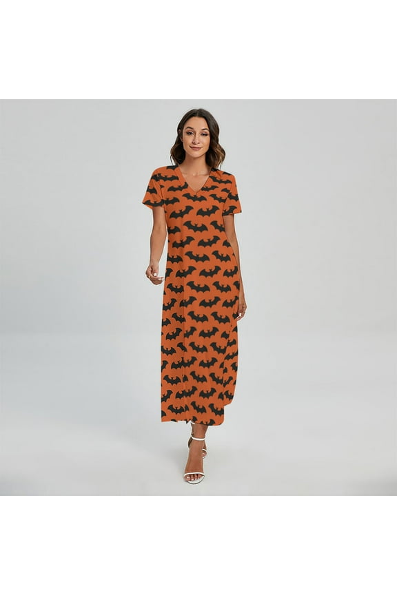 Halloween Bat Pattern Printed Short Sleeve Maxi Dress, Halloween Decorative Fashion Summer Maxi Dress For Women