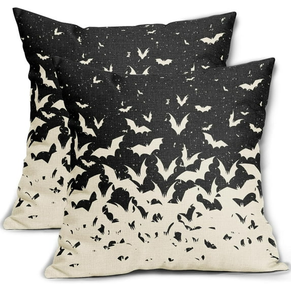 Halloween Bat Pillow Covers 18x18 Set of 2 Black Scary Pattern Print Decorative Throw Pillows Outdoor Halloween Decorations Pillowcase Holiday Farmhouse Linen Cushion Cover Decor for Sofa Couch Bed