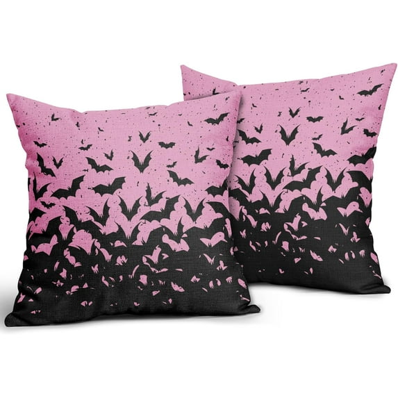 Halloween Bat Pillow Covers 20x20 Set of 2 Pink Scary Pattern Print Halloween Decorations Decorative Throw Pillows Outdoor Holiday Farmhouse Pillowcase Linen Cushion Cover Decor for Sofa Couch Bed