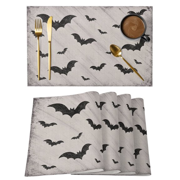 Halloween Bat Placemats Set of 1, Dark Black Flying Bats Silhouette Gray Ash Background Non-Slip Place Mats Washable Table Mats for Kitchen Dining Table Decorations Indoor/Outdoor