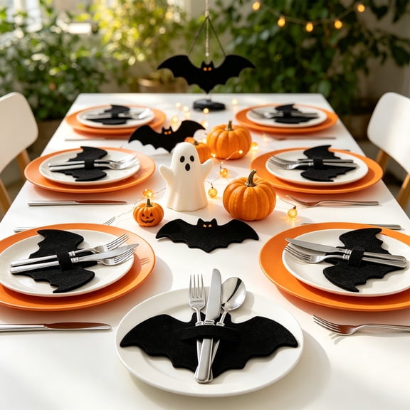 Halloween Bat Placemats Set Black Non Slip Felt Placemats for Halloween Party Dining Table Decorative