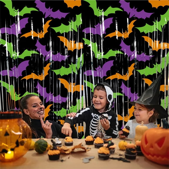 Halloween Bat Pumpkin Ghost Rain Curtain Backdrop, Party Photo Booth Background Decoration, Spooky Hanging Drape Props for Home Bar