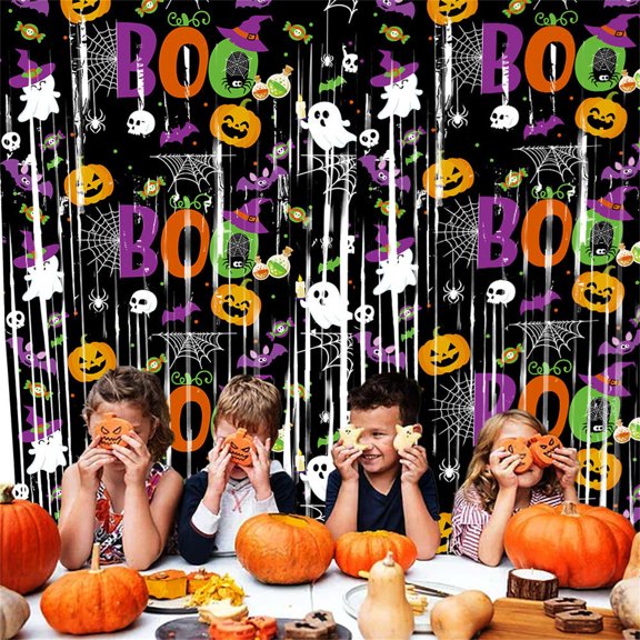 Halloween Bat Pumpkin Ghost Rain Curtain Backdrop, Party Photo Booth Background Decoration, Spooky Hanging Drape Props for Home Bar